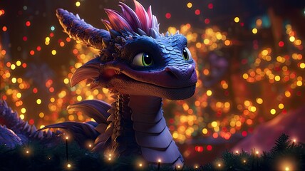 a new year dragon dressed as Santa Claus with a miniature sleigh and presents in a cozy living room. the pet's adorable holiday outfit and cheerful expressions. - obrazy, fototapety, plakaty