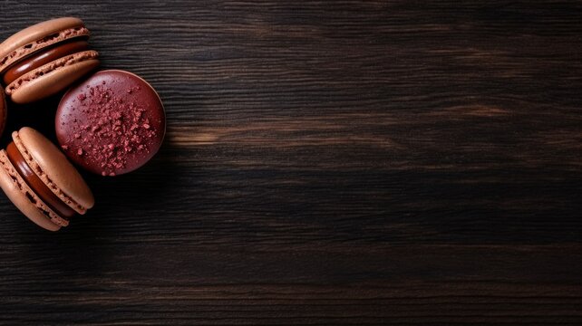 Freshly Baked Macaron Pastry Photorealistic Horizontal Background. Crusty Pastry, Gourmet Bakery. Ai Generated Background with Aromatic Traditional Macaron Pastry On Wooden Countertop with Copy Space.
