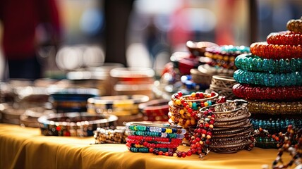 a vendor's stall filled with an array of holiday goodies, from handmade crafts to festive treats. the vibrant colors and textures of the items for sale. - obrazy, fototapety, plakaty