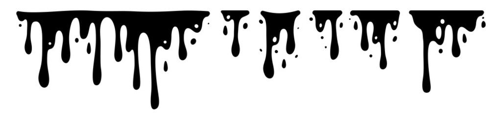 Black Melting Paint Abstract Liquid Elements Isolated Without Background. Border and Drips Ink Set.
