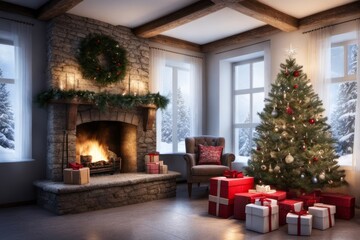 AI generated image of a Christmas setting, cozy domestic room, home, fireplace, Christmas tree and presents.