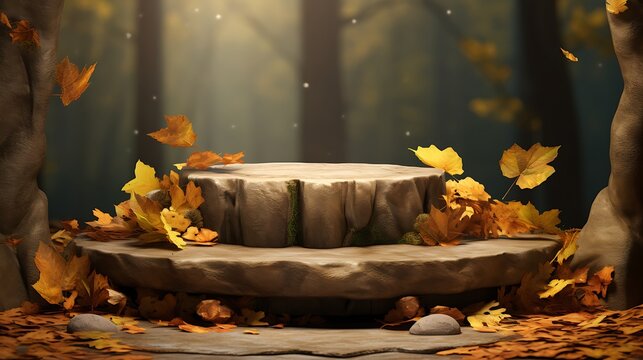 forest Autumn lots of leaves and natural stone decorations.  Podium for product presentation.  AI Generative