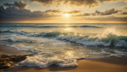 Fototapeta premium Mediterranean coast during a summer evening. The setting sun highlights waves with foam caps hitting the golden sandy beach.
