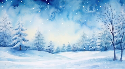 Winter forest landscape watercolor illustration