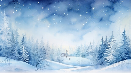 Winter forest landscape watercolor illustration