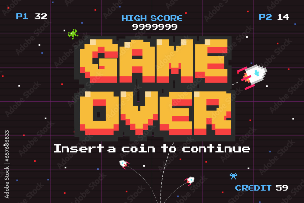 Poster game over insert a coin to continue .pixel art .8 bit game.arcede screen.retro game. for game assets