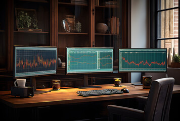 Three monitors with stock analysis and graphs