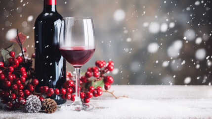 A glass and a bottle of red wine on a snowy table with decorations of fir cones and red rowan berries. Free space for product placement or advertising text.