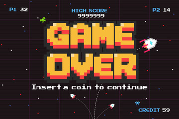 GAME OVER INSERT A COIN TO CONTINUE .pixel art .8 bit game.arcede screen.retro game. for game assets in vector illustrations.