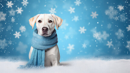 White labrador wrapped in a blue scarf sits on a snowy surface with blurry falling snowflakes in...