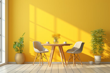 Interior design minimal dining room, interior minimalist style, interior design room yellow wall with cozy and comfortable, three-dimensional, generative ai.