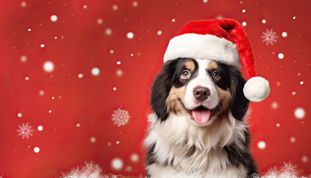 Australian Shepherd or Bernese Mountain Dog wearing a Christmas Santa Claus hat on a red background with falling snowflakes.