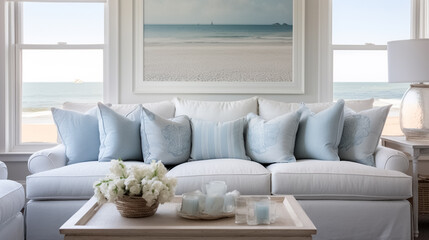 Soft Gray Sofa with Pillows in a Coastal-Themed Room