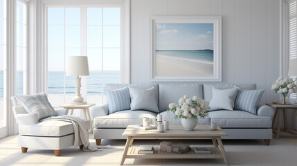 Soft Gray Sofa with Pillows in a Coastal-Themed Room