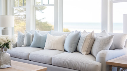 Soft Gray Sofa with Pillows in a Coastal-Themed Room