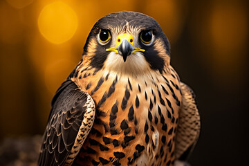 The side view portrait of a red with black pattern falcon looking right isolated on blurred background, Generative AI.
