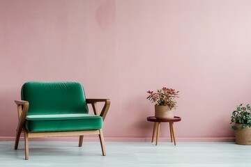 interior design of pink room with green armchair, rug and side table. generative ai.