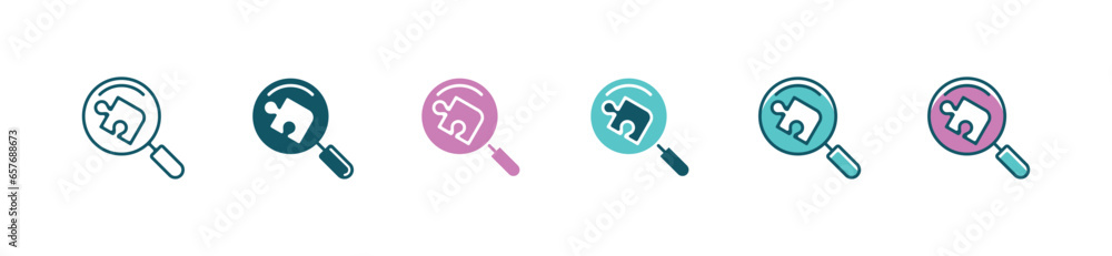 Fototapete Magnifier search for a jigsaw puzzle piece to successfully connect match icon vector business strategy problem solving symbol illustration for web and app