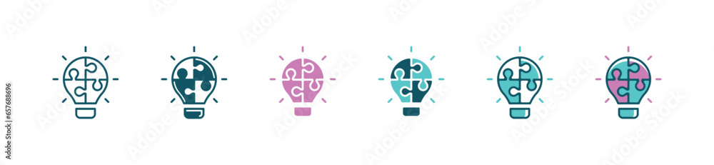 Poster lightbulb jigsaw puzzle icon vector business solved problem with creative idea puzzle piece match bright bohlam