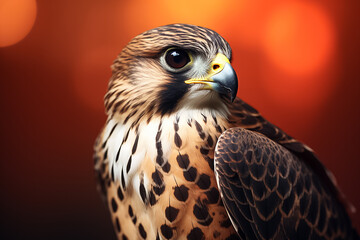 Naklejka premium The side view portrait of a red with black pattern falcon looking right isolated on blurred background, Generative AI.