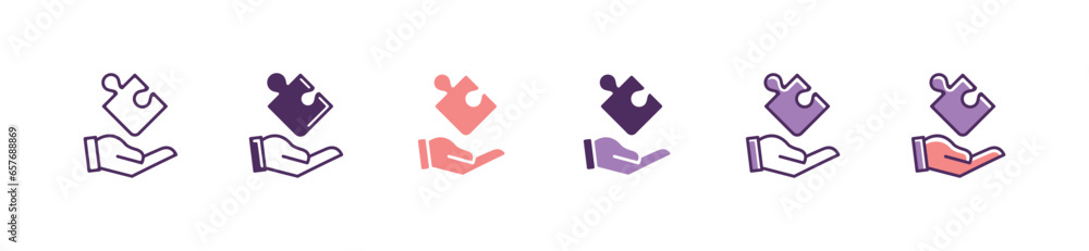 Aufkleber hand holding a jigsaw puzzle piece icon vector business creative problem solving idea strategy succe