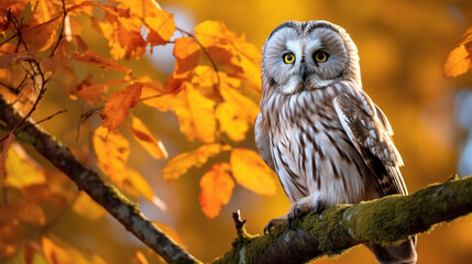 Boreal owl, Aegolius funereus, in the orange larch autumn forest. Autumn in nature with owl. ai - obrazy, fototapety, plakaty