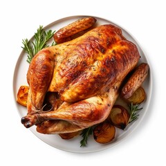 Plate with tasty roasted turkey and potatoes on white background, top view
