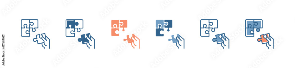 Aufkleber hand holding jigsaw puzzle piece match connect success icon vector business problem solving solution