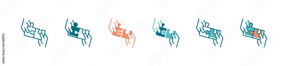Leinwandbilder teamwork solving problems together with puzzle piece match solution icon vector with hands holding jigsaw part creative idea strategy symbol illustration