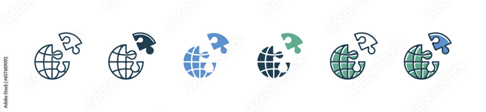 Poster business problem solving with globe puzzle jigsaw piece  icon vector match part connect company success work symbol illustration