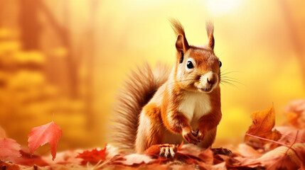 Obraz premium Beautiful autumn scene with a cute european red squirrel. the squirrel sits in the autumn leaves. ai