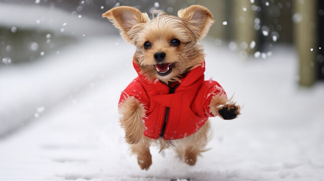 Cute and funny little dog with red scarf playing and jumping in the snow. ai generative