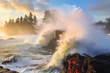 Enormous waves, king tide, rainbow, Depoe Bay, Oregon coast. Generative AI