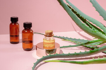 Aloe vera care products on pastel background - 657690624