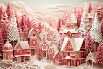 A beautiful 3D fantasy city with snow-covered houses, trees, and streets, boasting a pastel-shaded mood and tone during the winter season. Generative AI.