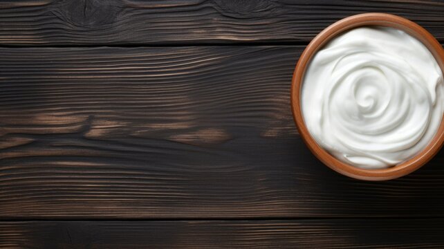 Fresh Organic Sour Cream Dairy product Photorealistic Horizontal Background. Lactose Rich Food. Ai Generated Background with Tasty Creamy Sour Cream Dairy product On Wooden Countertop with Copy Space.