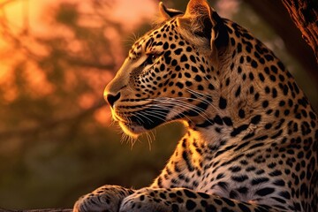 leopard resting, profile, sunset. Generative AI