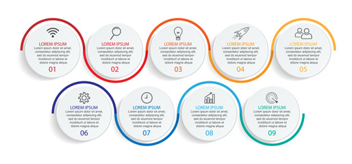 Business Infographic Template Design. minimal concept Timeline with 9 steps, options and marketing icons. Vector linear infographic with nine connected elements. Can be used for presentations on your 