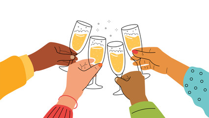 Hands with glasses of champagne close-up, toast.Friends celebrating an event.New Year and Christmas, birthday.Vector stock illustration in flat style.