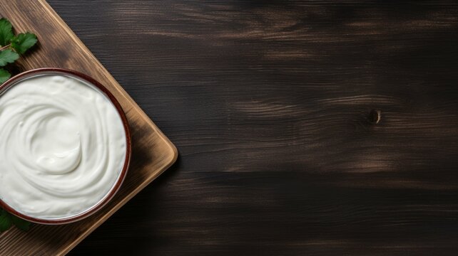Fresh Organic Yogurt Dairy product Photorealistic Horizontal Background. Lactose Rich Food. Ai Generated Background with Tasty Creamy Yogurt Dairy product On Wooden Countertop with Copy Space.