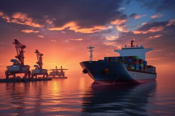 Transportation of container ship and cargo plane at twilight sky over the ocean, freight, shipping. Generative AI