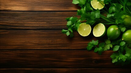 Fototapeta na wymiar Delicious Cilantro and Lime Food Combination Photorealistic Horizontal Background. Zesty and Herbaceous Pairing. Ai Generated Background with Cilantro and Lime On Wooden Countertop with Copy Space.