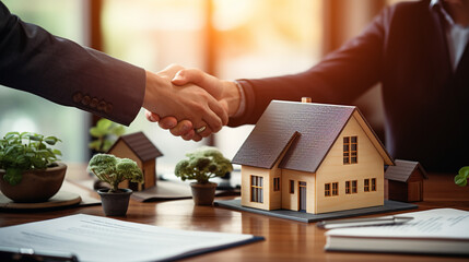 An estate agent shaking hands with a buyer after a successful deal, - obrazy, fototapety, plakaty
