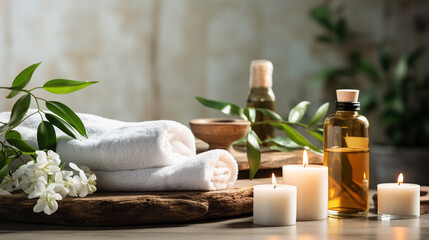 Towels, massage stones, essential oils and sea salt. Beauty treatment items for spa - obrazy, fototapety, plakaty