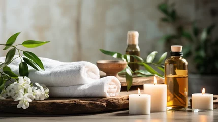 Fotobehang Towels, massage stones, essential oils and sea salt. Beauty treatment items for spa © Lee John