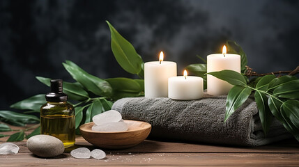 Fototapeta na wymiar Towels, massage stones, essential oils and sea salt. Beauty treatment items for spa