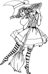 Witch in hat. Watercolor hand drawn illustration. Perfect for scrapbooking, kids design, wedding invitation, posters, greetings cards, party decoration.