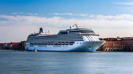 Cruise ship with tourists in Venice Italy, sunny day