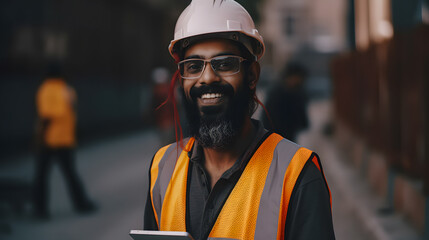 Portrait construction industry engineer background of subway metro industrial, drilling tunnel and laying rails and cables - obrazy, fototapety, plakaty