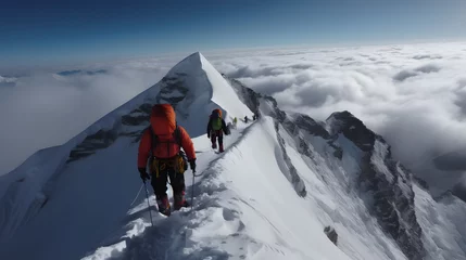 Crédence de cuisine en verre imprimé Everest Tourist group of mountain climbers climb slope to top peak in sunny weather